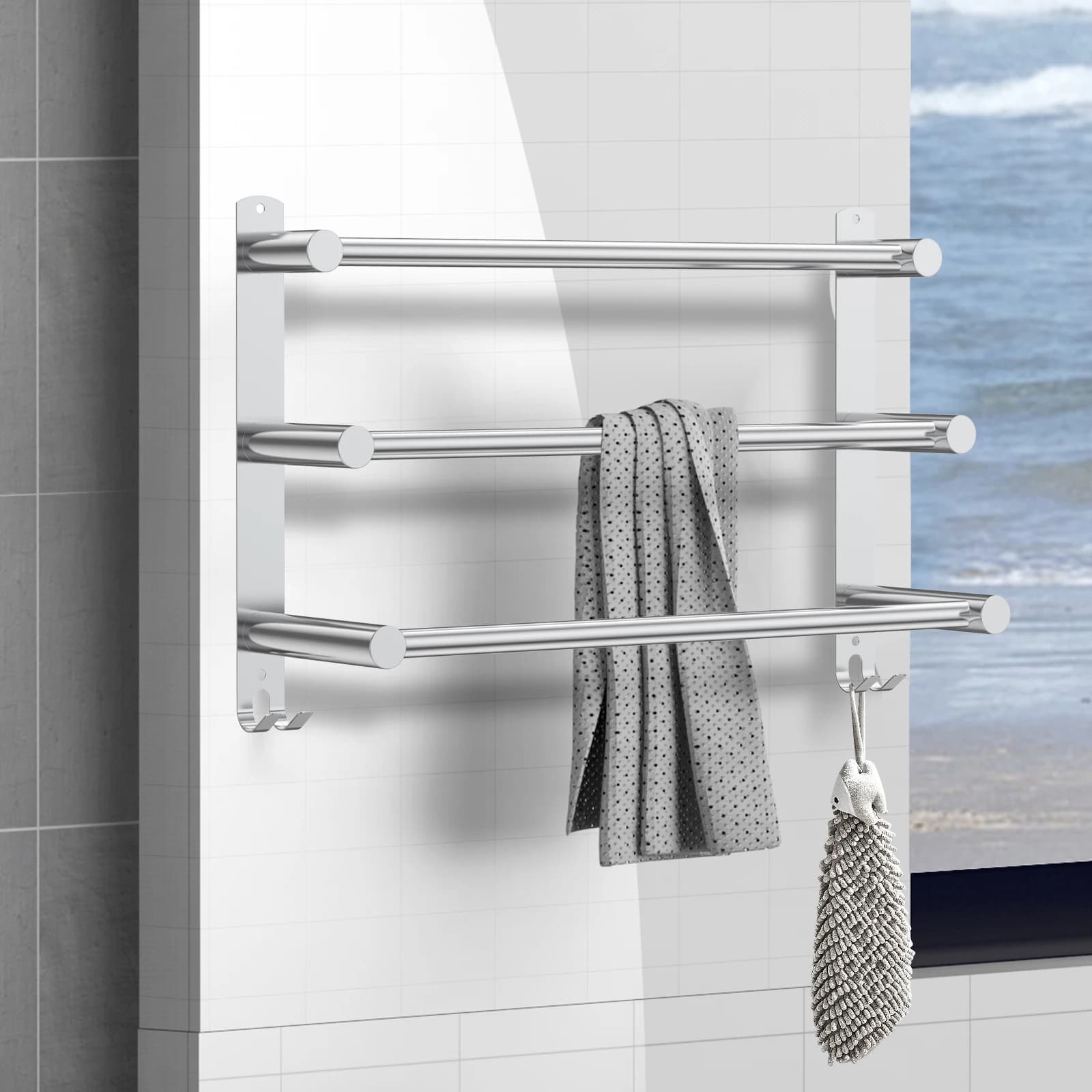 Portasciugamani da bagno a 3 livelli Portasciugamani in acciaio inossidabile con barra salvaspazio Porta asciugamani da bagno Organizzatore a parete