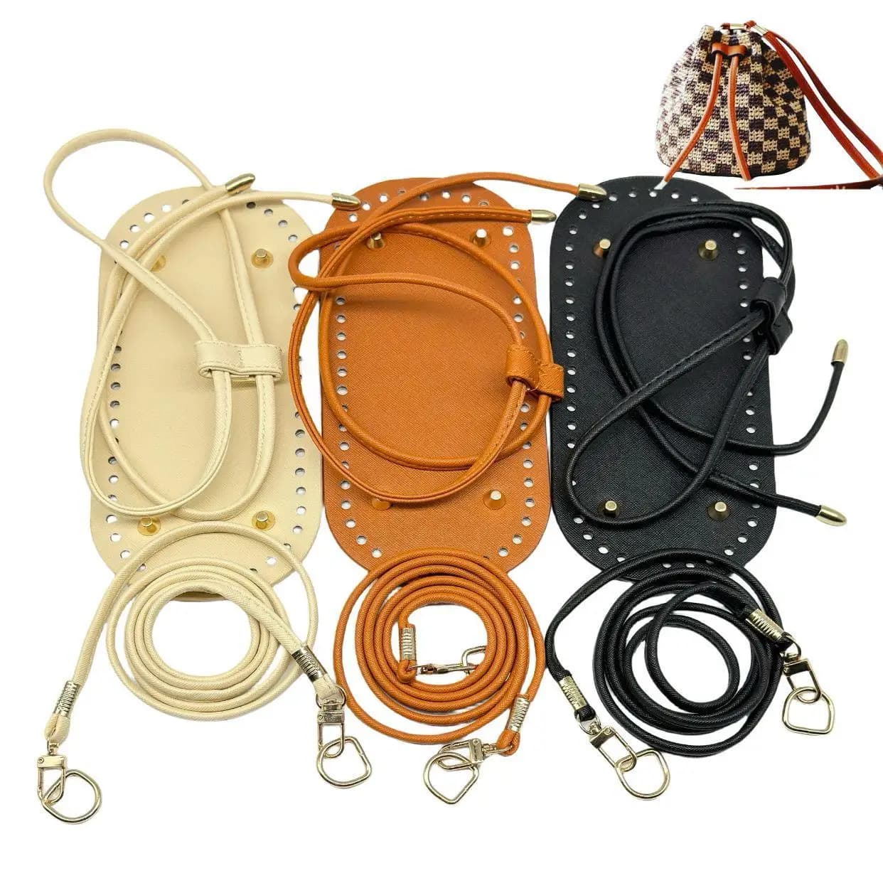 3Pcs Handmade Bag Bottom PU Leather Bucket Bag Base with HandBag Shoulder Strap For Knitted Bags DIY Crochet Bag accessories