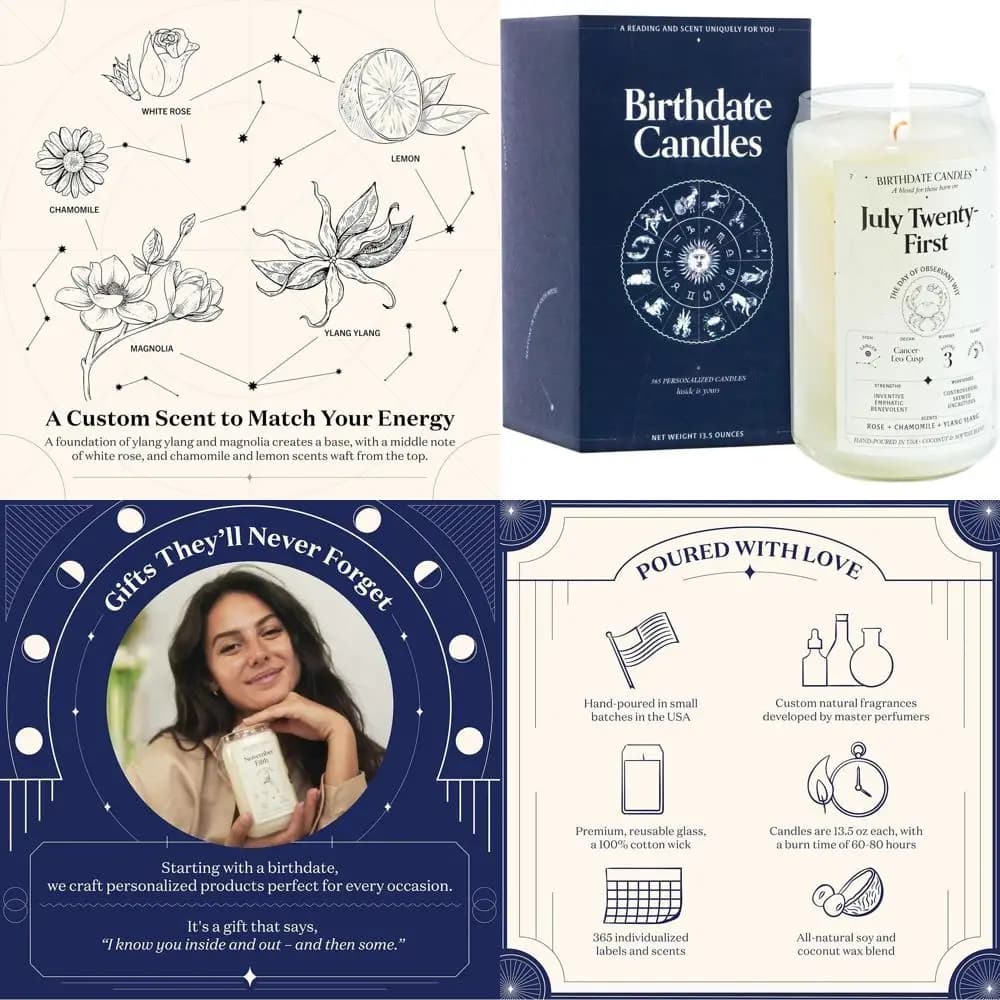 Candela di Compleanno Segno Zodiaco Cancro - 21 Luglio, Profumo Rosa, Camomilla e Ylang Ylang - Cera Naturale di Soia e Cocco, Durata 60-80 Ore