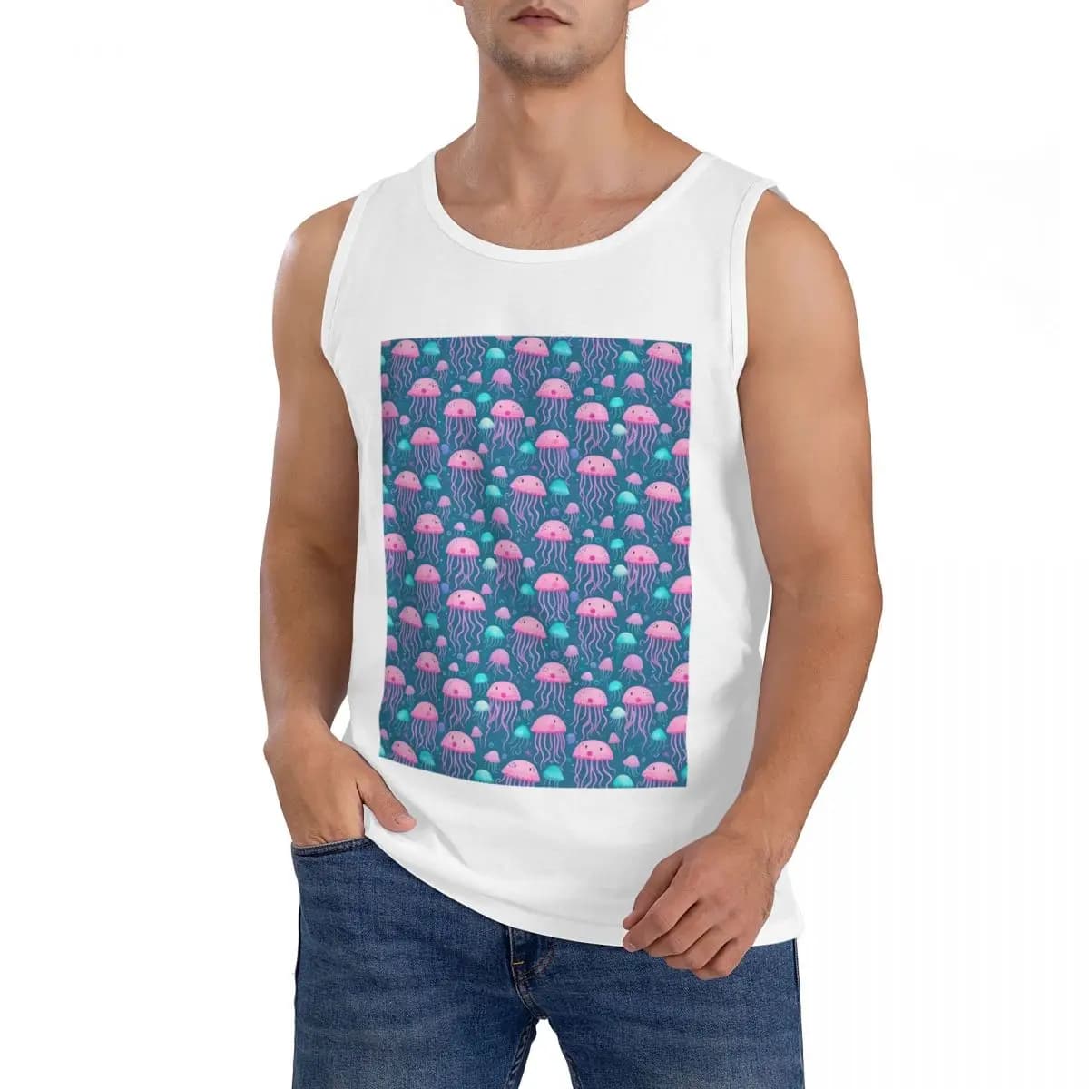 T-shirt Senza Maniche 100% Cotone con Motivo Medusa, Design Elegante Vita Marina, Top Sportivo da Uomo, Canotta Girocollo da Uomo