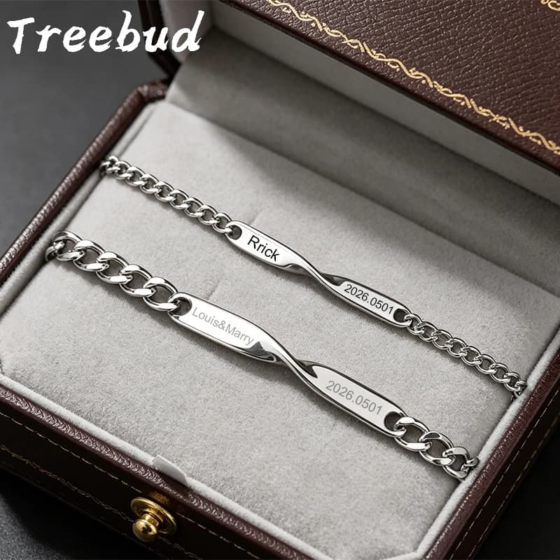 Bracciale Personalizzato Treebud con Nome Inciso su Acciaio Inossidabile per Uomo e Donna, Gioiello Regalo con Incisione Laser Infinity