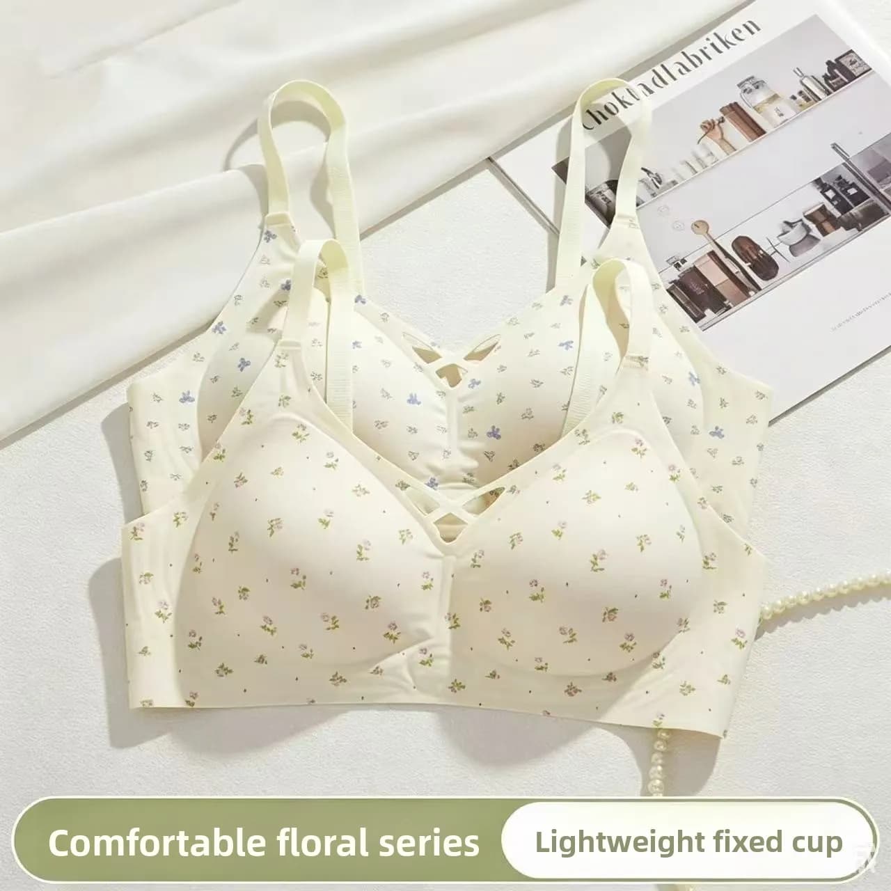 Women WireIess Hollow Print Seamless Bra Deep V Crisscross Band W Shaped Soft Support Push Up Gathering Comfortable