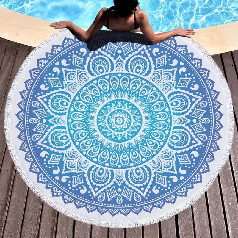 Round beach towel with geometric foamed mandala with tassels Bathroom towel in microfiber absorbent for water Beach Mat for yoga 150 cm