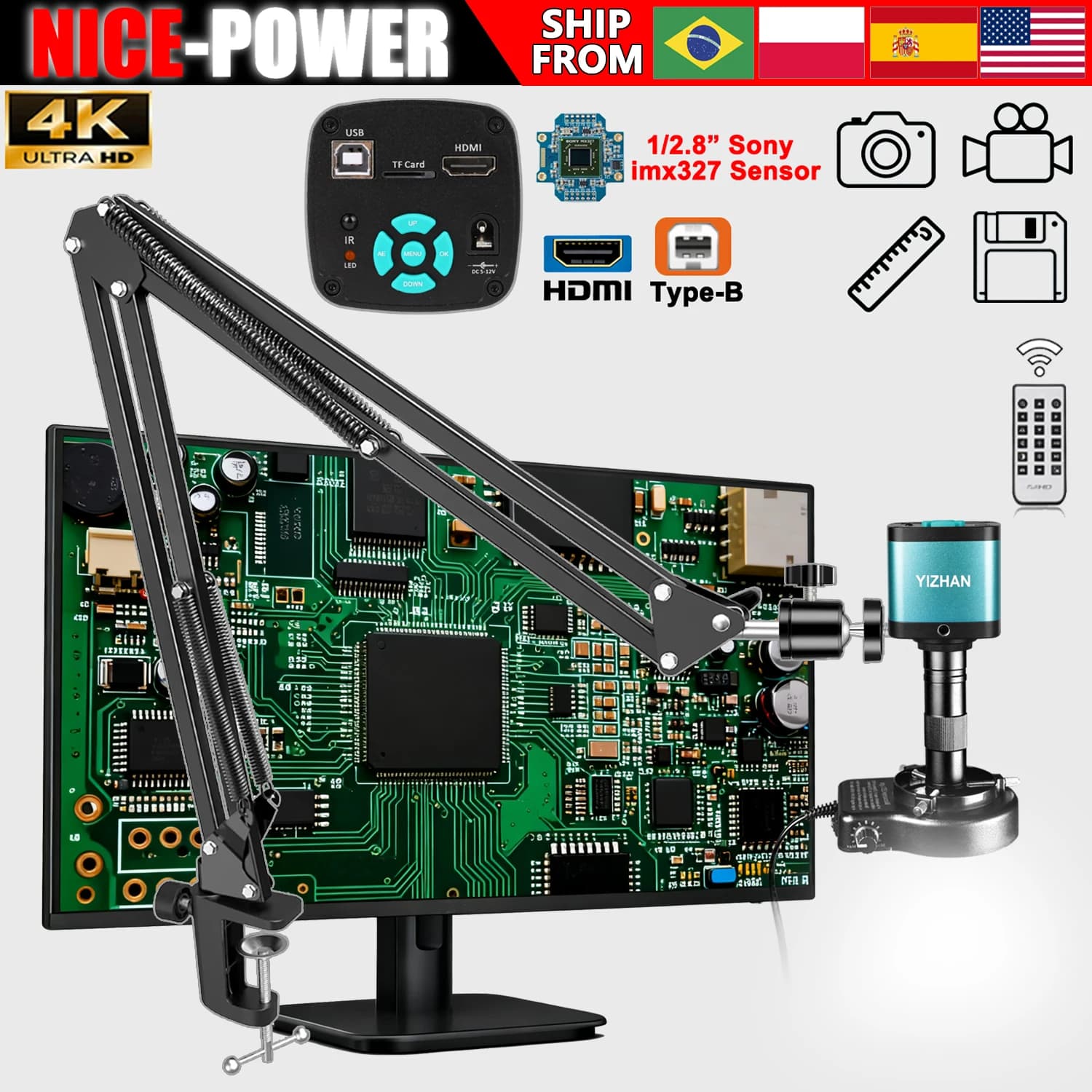 NICE-POWER 150X 4K 60MP/48MP/13MP HDMI Type-C/USB digital microscope, industrial microscopy camera for PCBA inspection