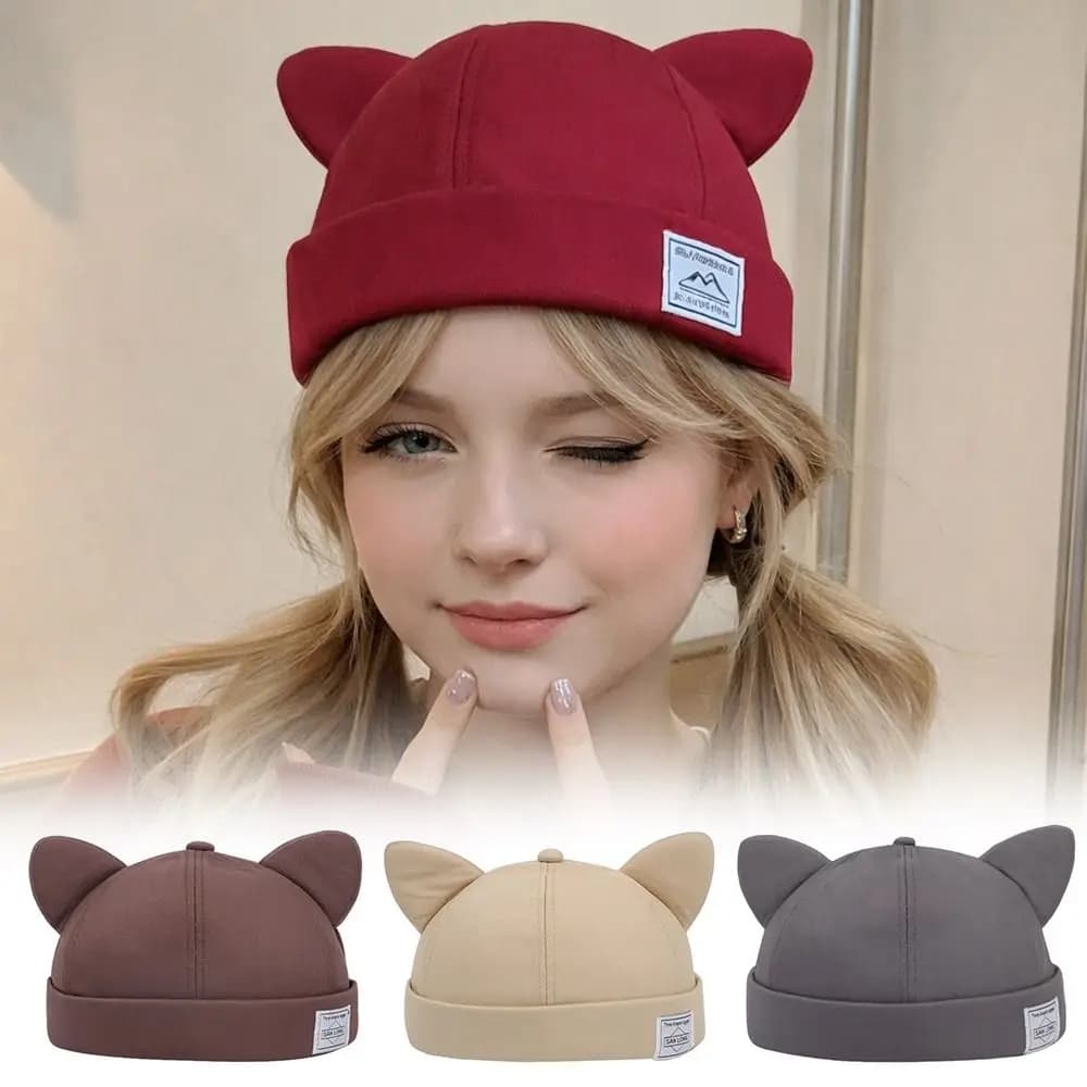 Casual Cotton Cat Ears Landlord Hat Adjustable Solid Color Beanie Hat Brimless Hip Hop Docker Cap Outdoor