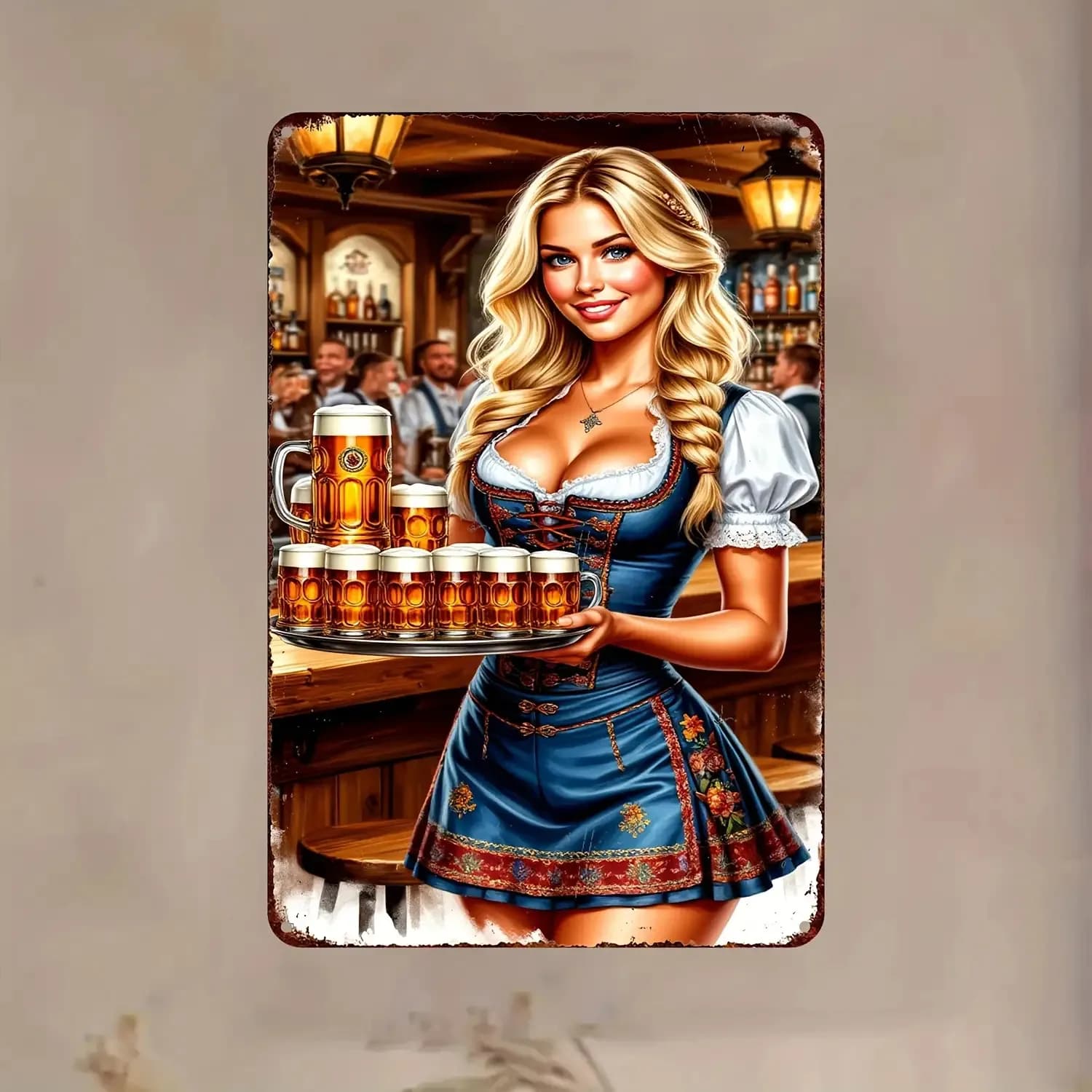 Grande arte da parete in metallo per birra bavarese dell'Oktoberfest - Cartello da pub tedesco vintage con tazze da cameriera e birra rivestite in Dirndl, ferro bavarese-