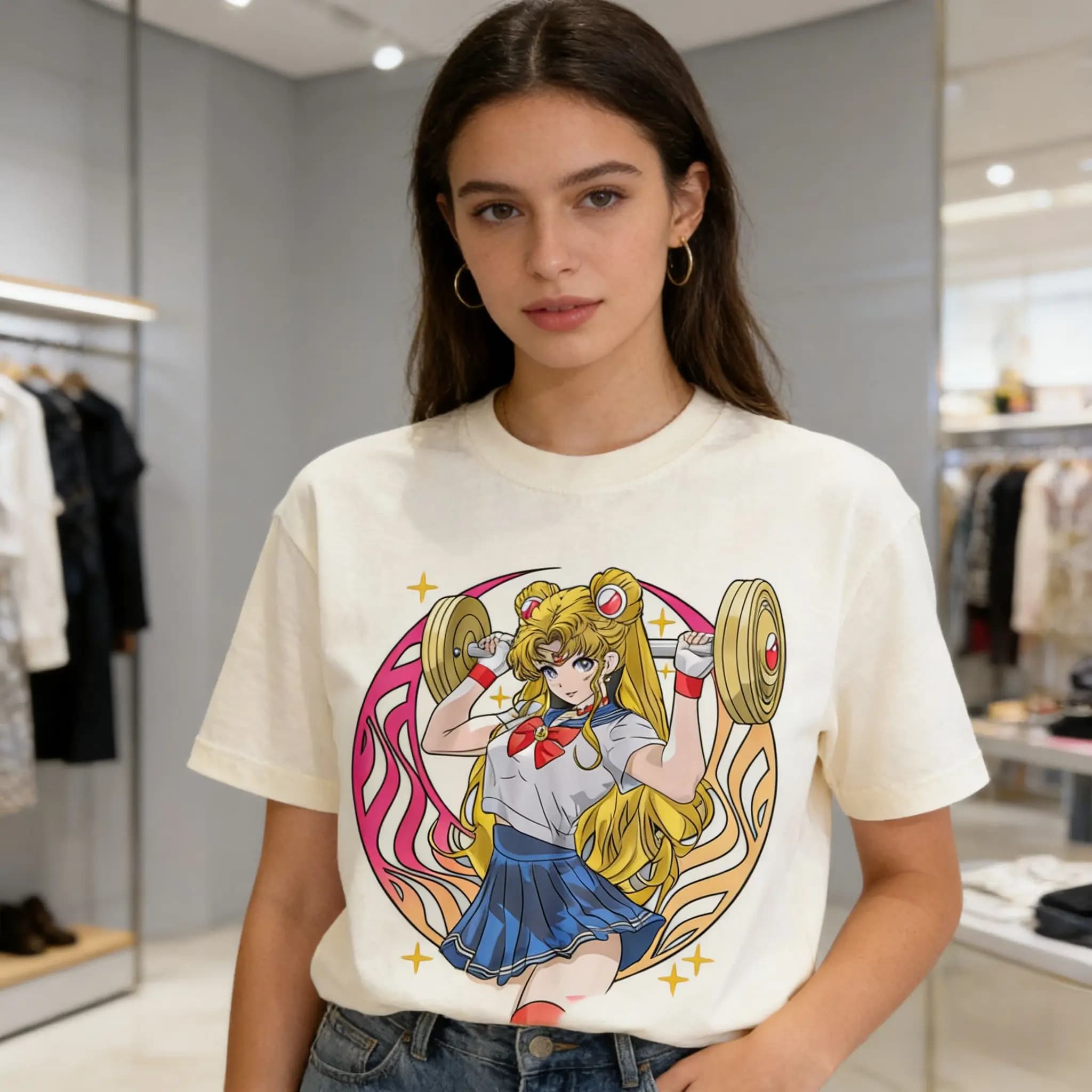 T-shirt stampata 100% cotone a tema simpatico e contrastante Sailor Moon Rabbit "Fitness Lift" Estate 2026 per uomo e donna, top coordinato genitore-figlio
