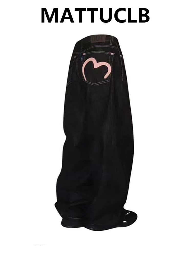 Women's Baggy Jean Denim Pants Print Wide Fit Y2K Japanese Harajuku 2000s American Retro Grunge Tide High Street Korean Chic