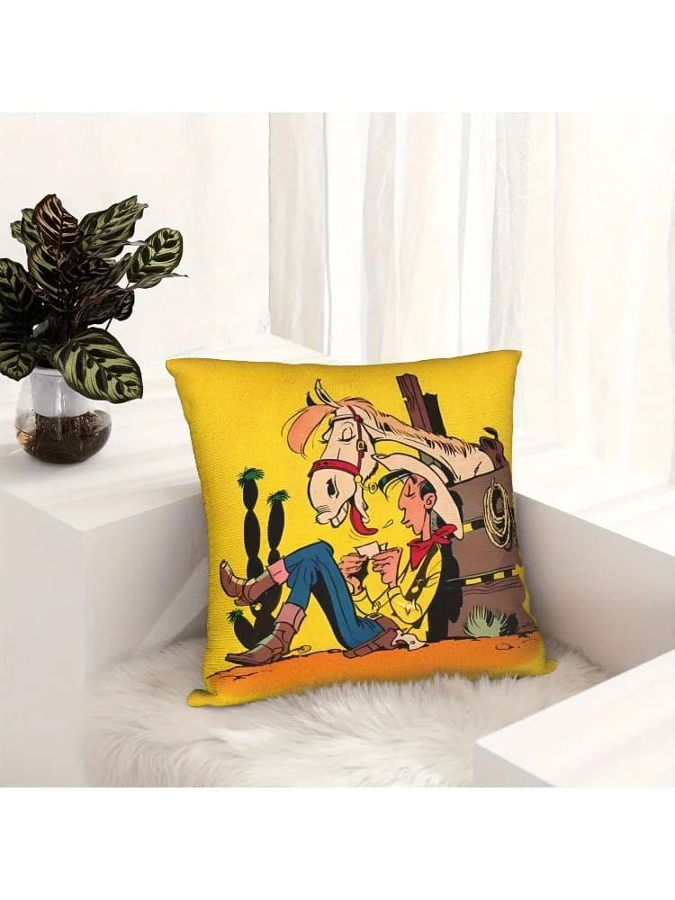 1 fodera per cuscino decorativa Western Cowboy Lucky Luke, federa in poliestere con stampa 2D per divano letto, auto, ufficio, decorazione domestica