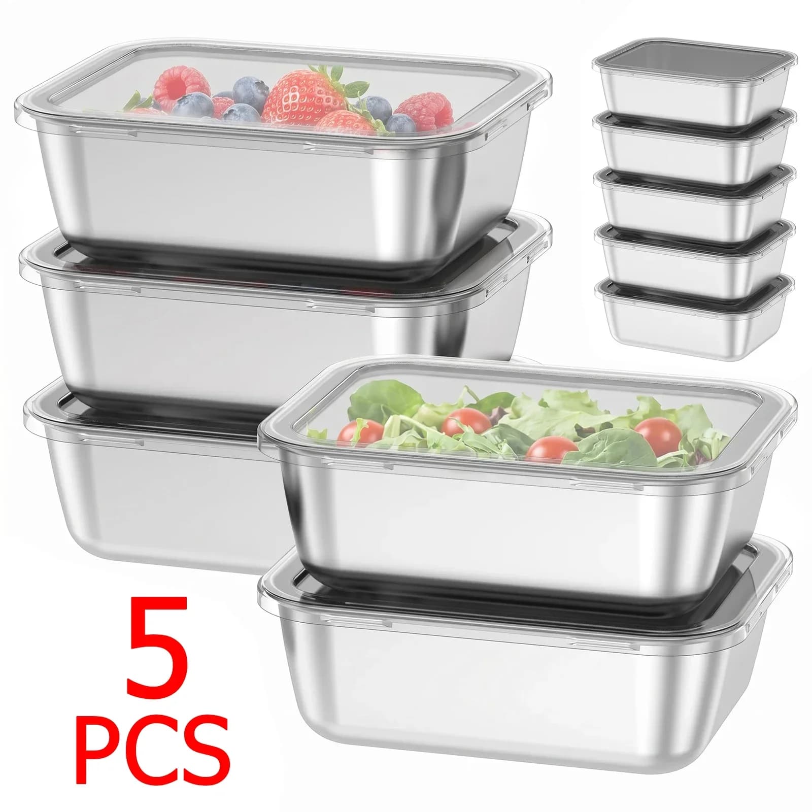 5Pcs Stainless Steel Food Container with Clear Lid Airtight Leakproof Square Bento Lunch Box Refrigerator Fresh-keeping Box