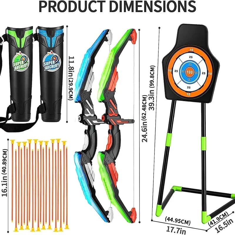 MQUDUO 2 Pack Light Up Bow and Arrow Set with Standing Target, Quiver and 10 Suction Cup Arrows for Backyard Contest