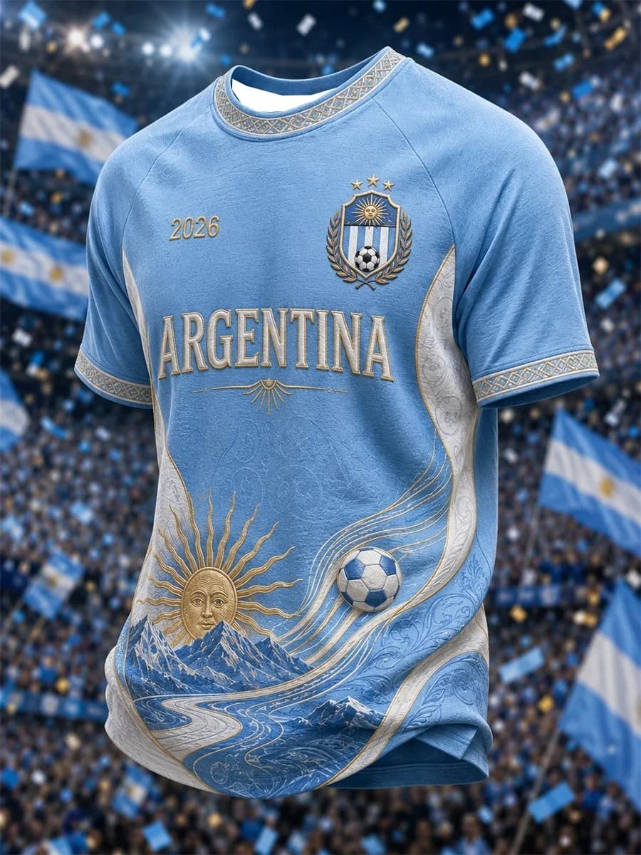 2026 Argentina National Team Fans Football Jersey Blue and White Striped Sun 3D Quick Drying Sports Casual Men's Top T-shirt