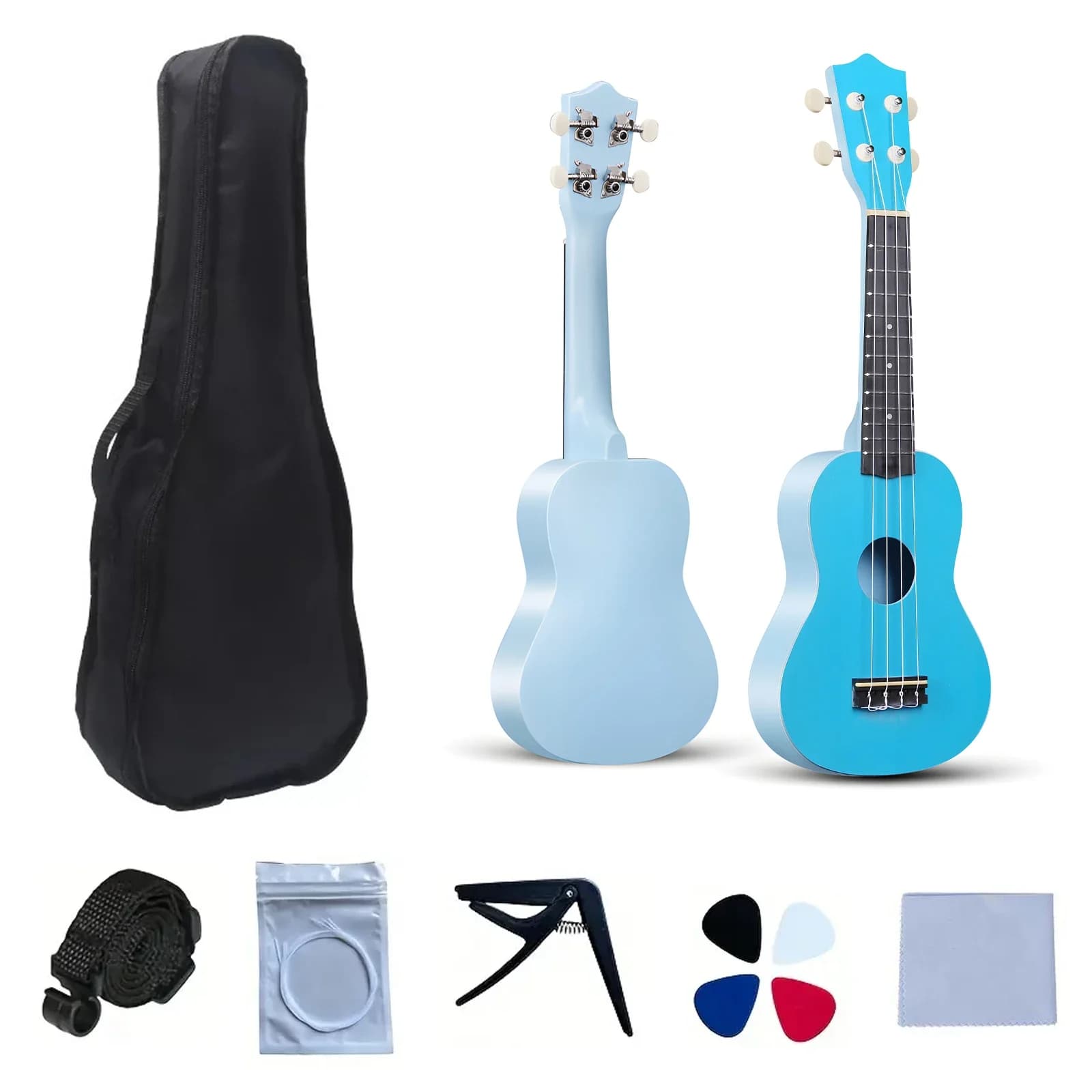 Pacchetto ukulele tutto in uno per adolescenti in fibra di carbonio - Uke da viaggio portatile da 21 pollici con equipaggiamento completo (corde/panno per lucidatura/capo)