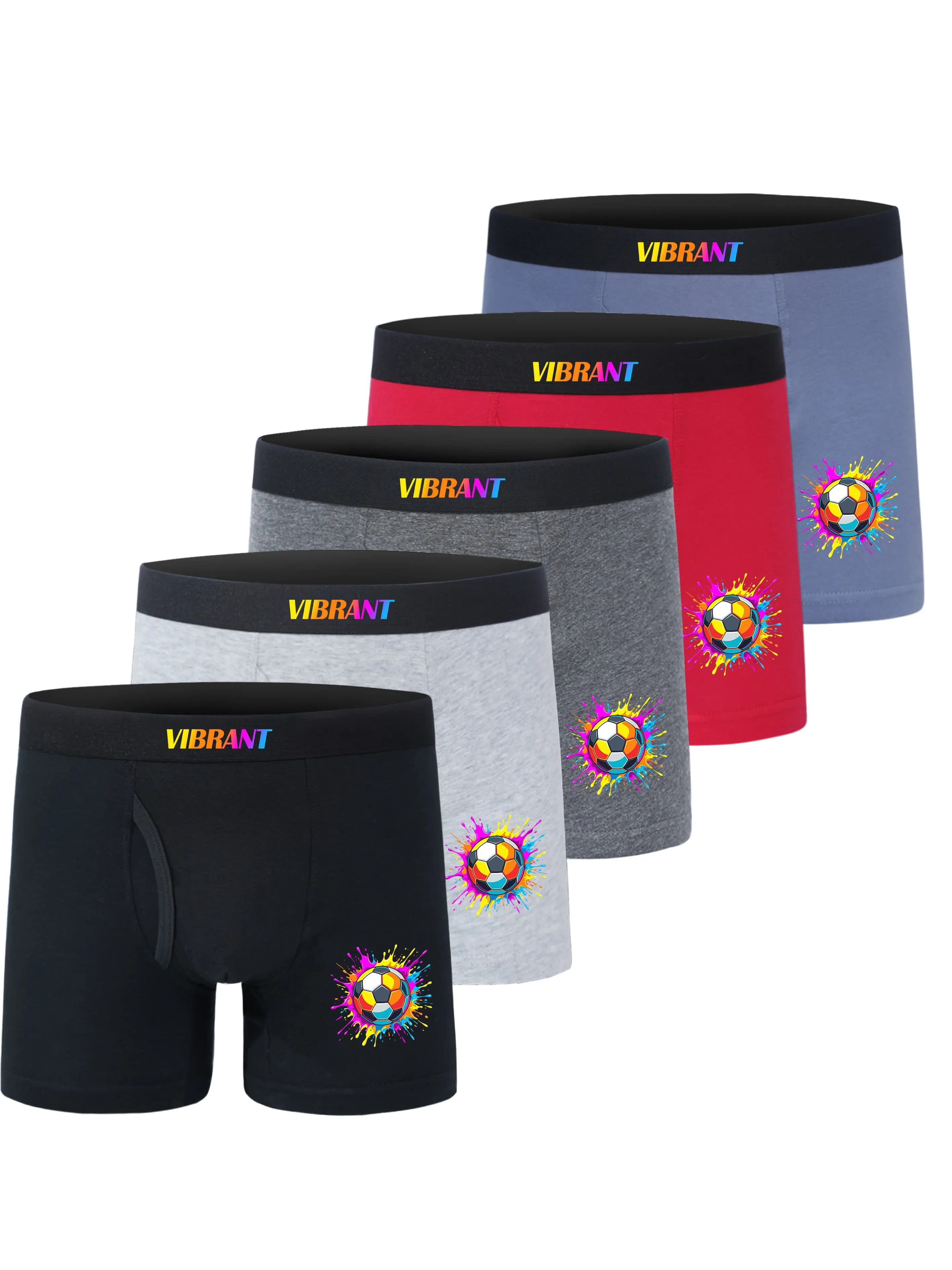 5 Pack Boys Vibrant Cotton Sport Underwear Color Splash Soccer Print Boxer Briefs Multicolor Breathable Children's Underpants