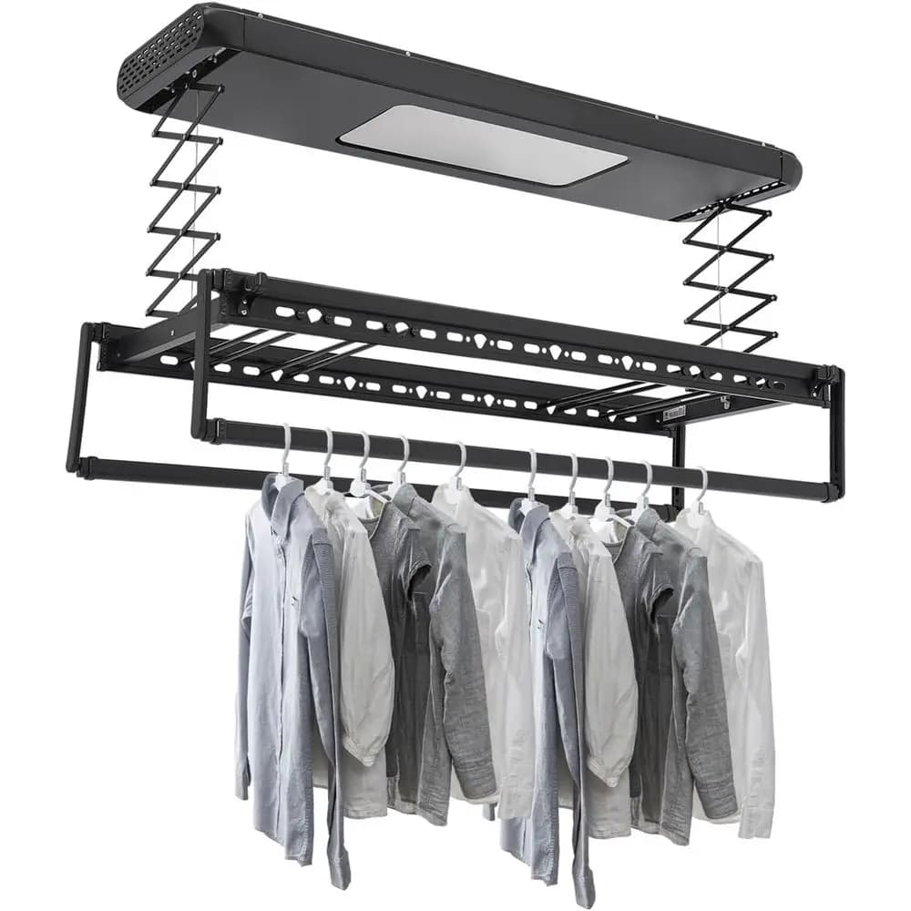 Stendibiancheria elettrico retrattile da soffitto nero con luce LED e telecomando, 110 V 24 W