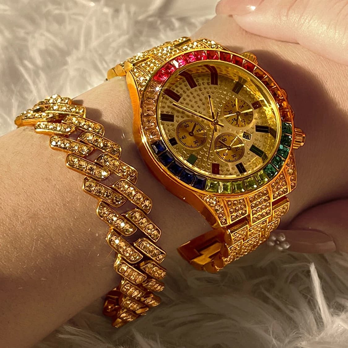 Fashionable Hiphop Women's Quartz Watch, Luxury Cuban Bracelet, Chain Set, Rhinestone Wrist Watch, Women's Gift