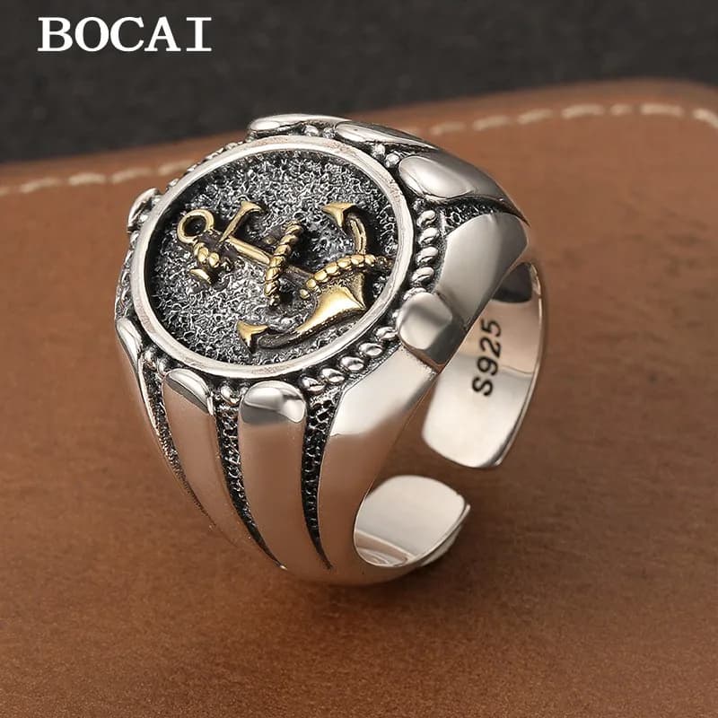 BOCAI NEW S925 Sterling Silver Vintage creativo personalizzato Boat Anchor Open Ring regalo da uomo