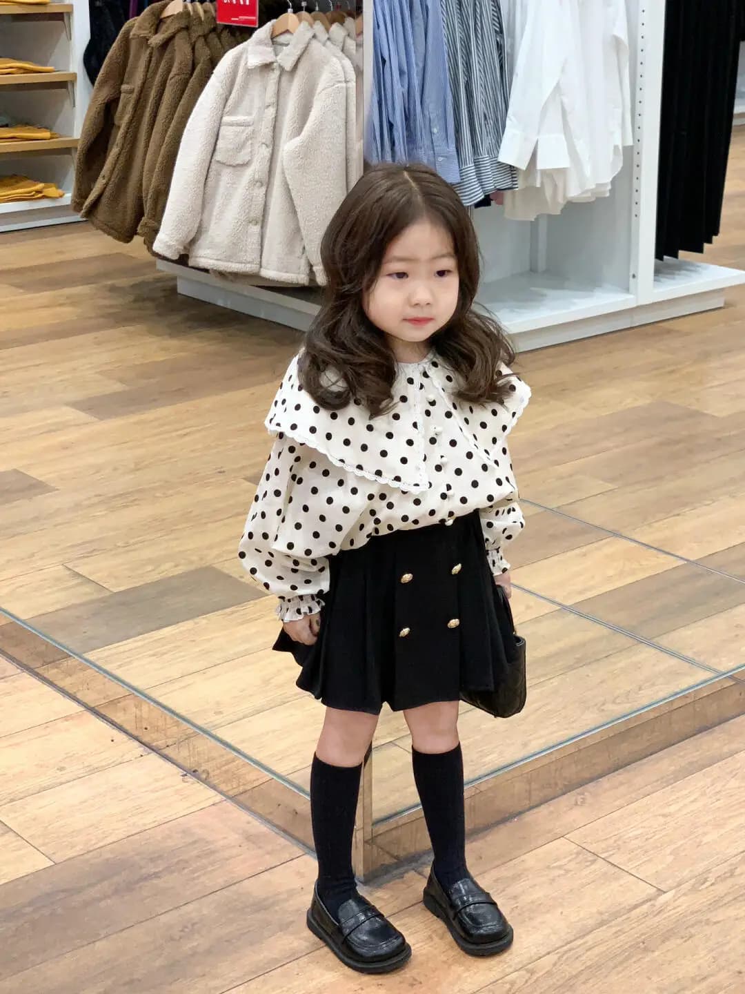 Neonata autunno e primavera nuovo stile coreano colletto per bambola camicia a maniche lunghe a pois gonna corta nera moda vestito per bambini