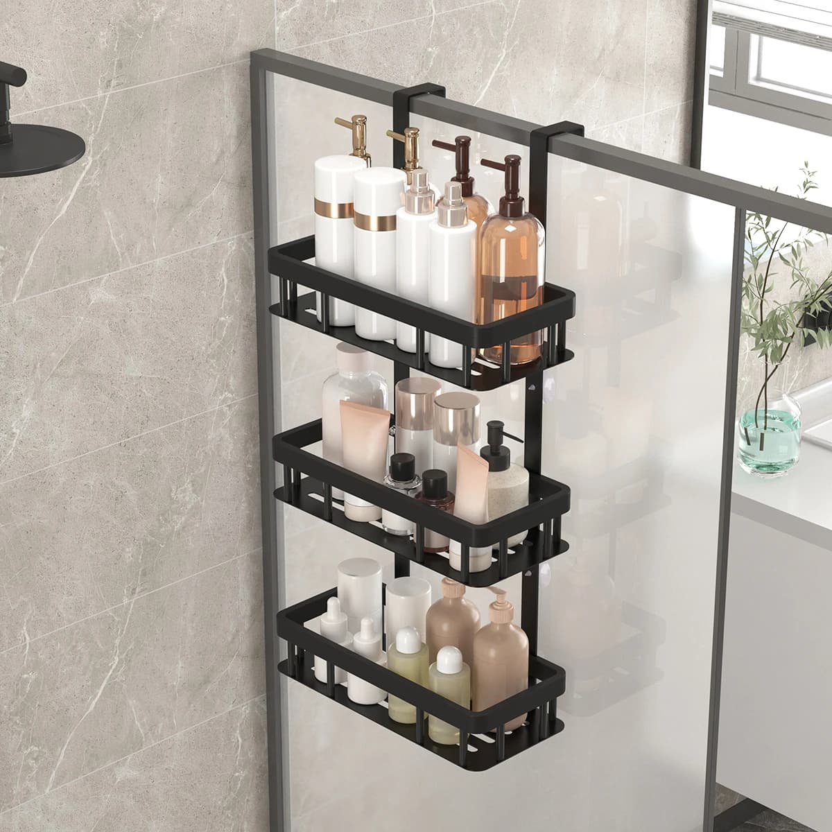 2/3 Layer Black Rust Proof Shower Storage Rack on Door No Drilling Required Large Capacity Bathroom Organizer Easy Install Showe