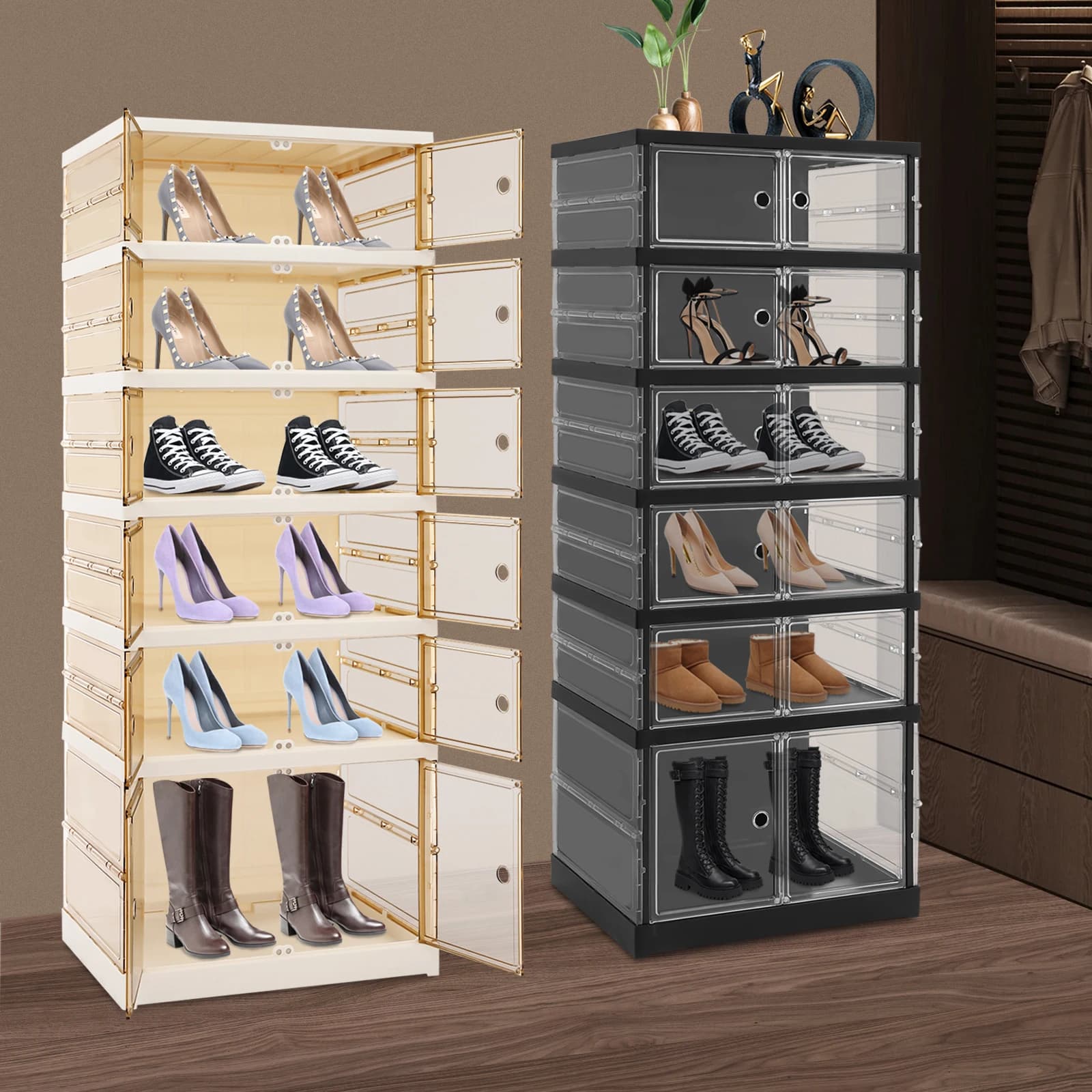 Foldable Shoe Rack Stackable Clear Shoe Storage Boxes Organizer Easy Assembly for Closet Entryway