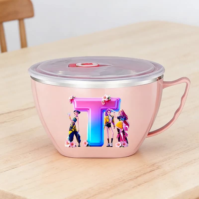 Kpop Demon Hunters Ciotola in acciaio inossidabile portatile per picnic, campeggio, pranzo, con coperchio, set di stoviglie, ciotole per noodles, frutta e insalata, idea regalo