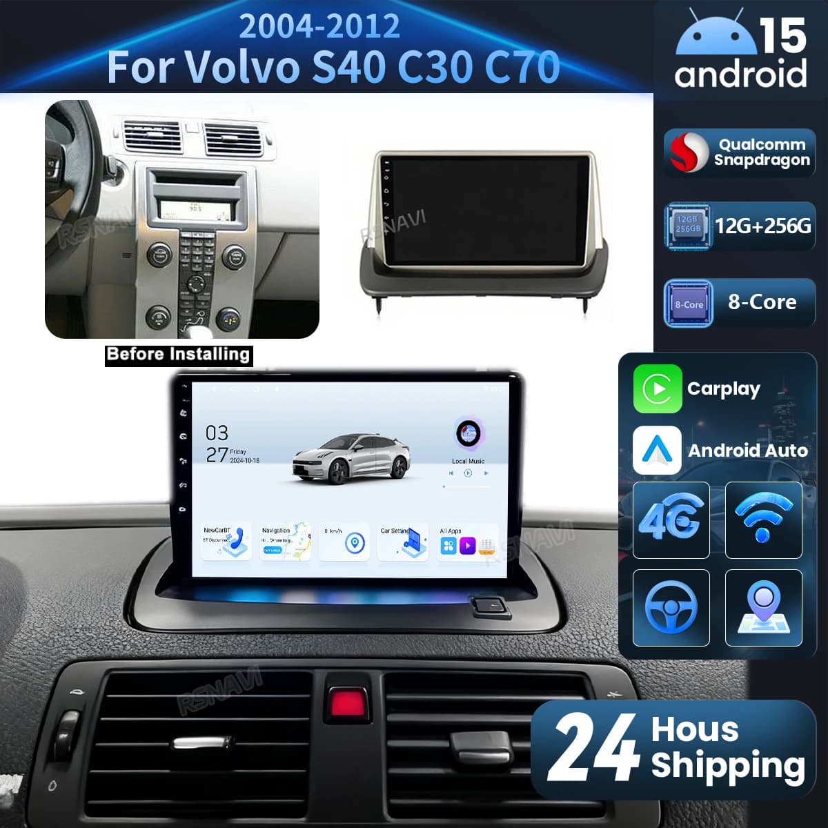 Android 15 Carplay DSP WIFI + 4G Autoradio Lettore Multimediale Per Volvo S40 C30 C70 2 MS 2004 - 2013 Snapdragon Stereo BT Qualcomm