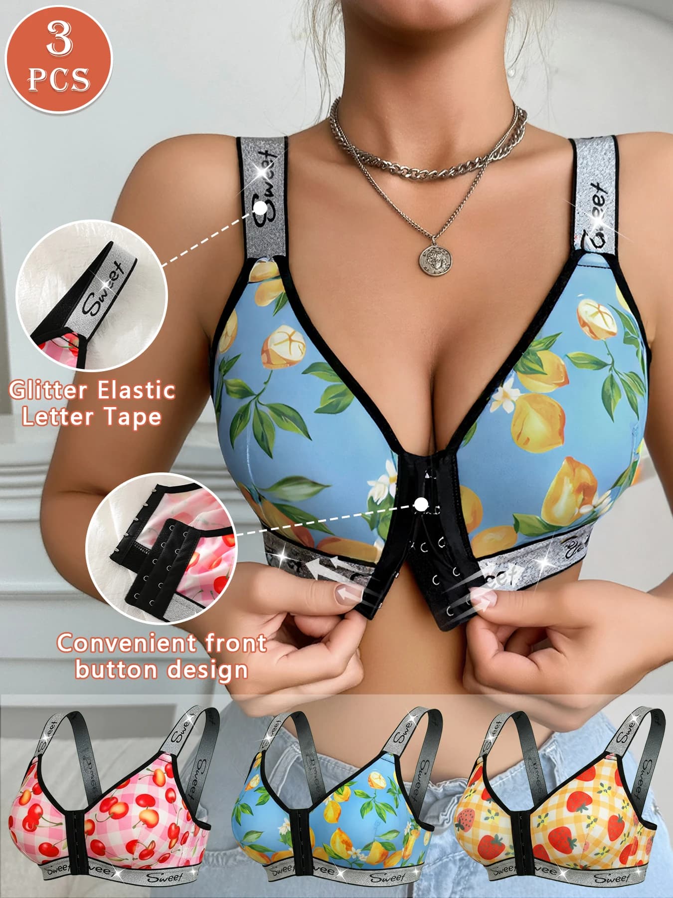 3 Pack Women's Wireless Bra, Fruit Print Front Closure Shiny Trim Comfort Bralette