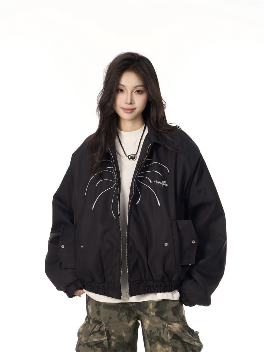 Thickened Winter Jacket Women's Loose Fit Firework Embroidery Outerwear Stylish Retro American Design Casual Long Sleeve Top