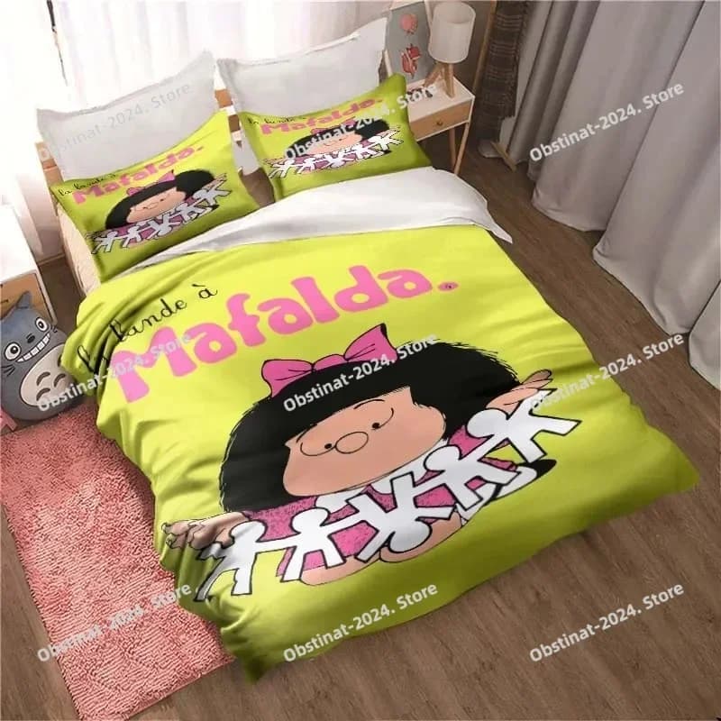 Kawaii Anime Mafalda Set biancheria da letto doppia per tutte le stagioni Stampato singolo Piumino copripiumino Federa Set da 3 pezzi Bambini Taglia adulto