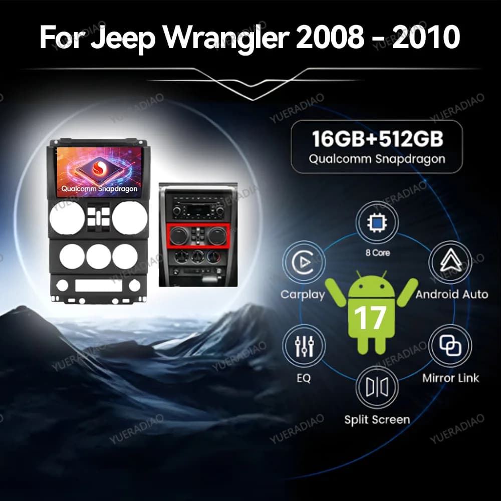 Android 17 Car Radio For Jeep Wrangler 3 JK 2008 - 2010 Multimedia Stereo Video Player Head Unit 4G LTE 5G WIFI BT GPS NAVI 2DIN