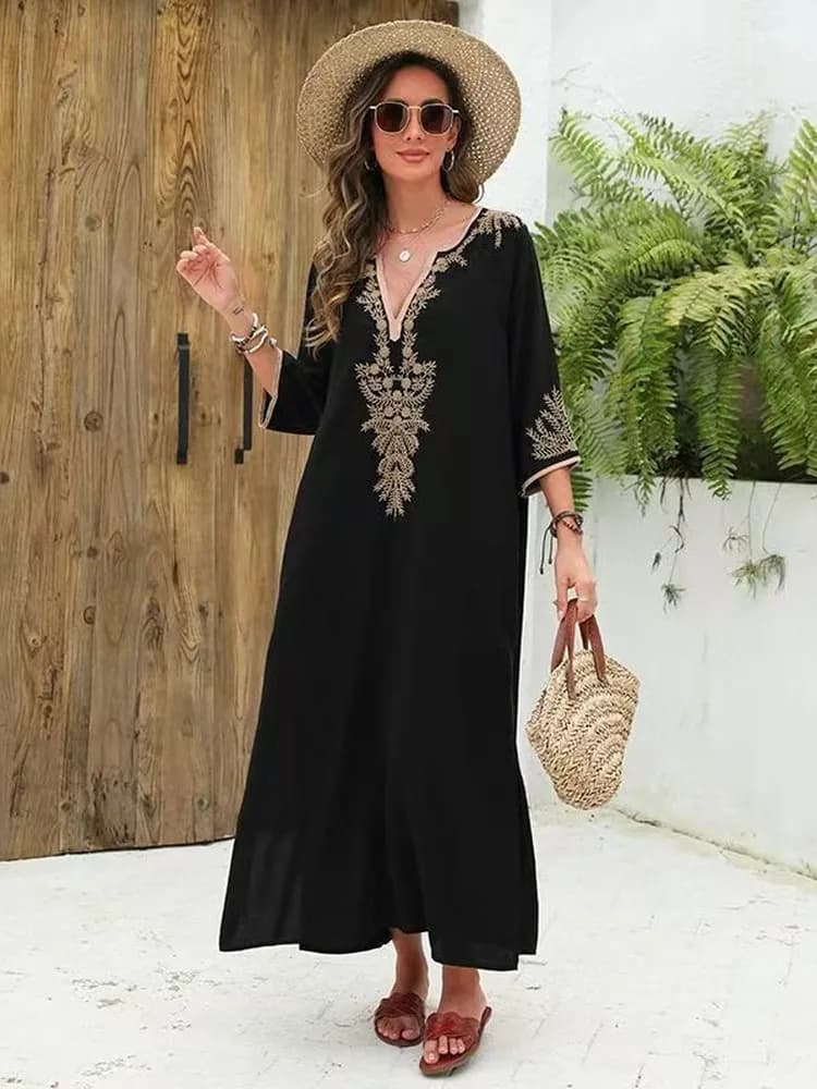 Beach Long Skirt Embroidered Loose Women's Shirt Cotton Polyester Fabric UV Protection Seven Sleeve V Neck a Line Dress