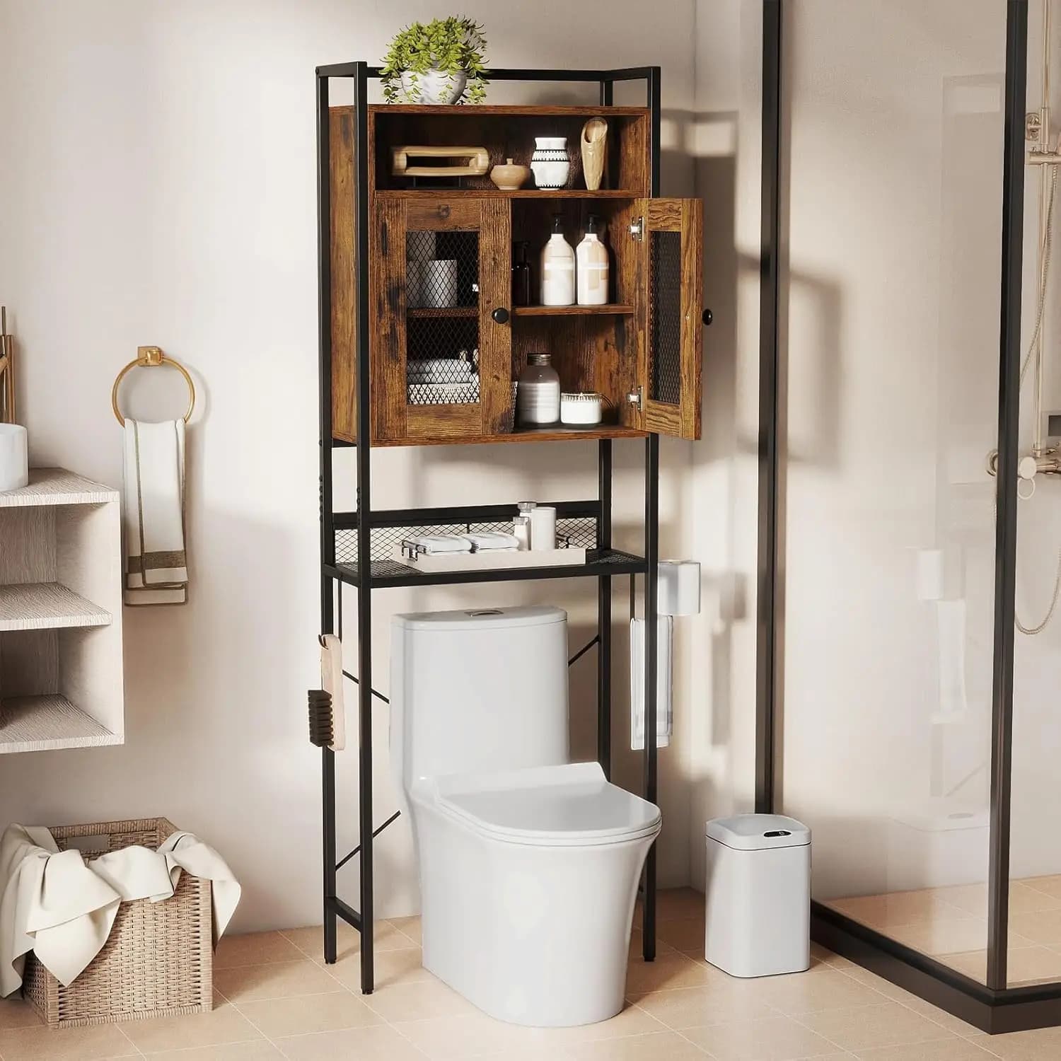 Mobiletto a 5 Ripiani per il Bagno con Porte in Rete, Porta Carta Igienica in Metallo, Ganci, Organizzatore da Bagno, Marrone Rustico Personalizzabile