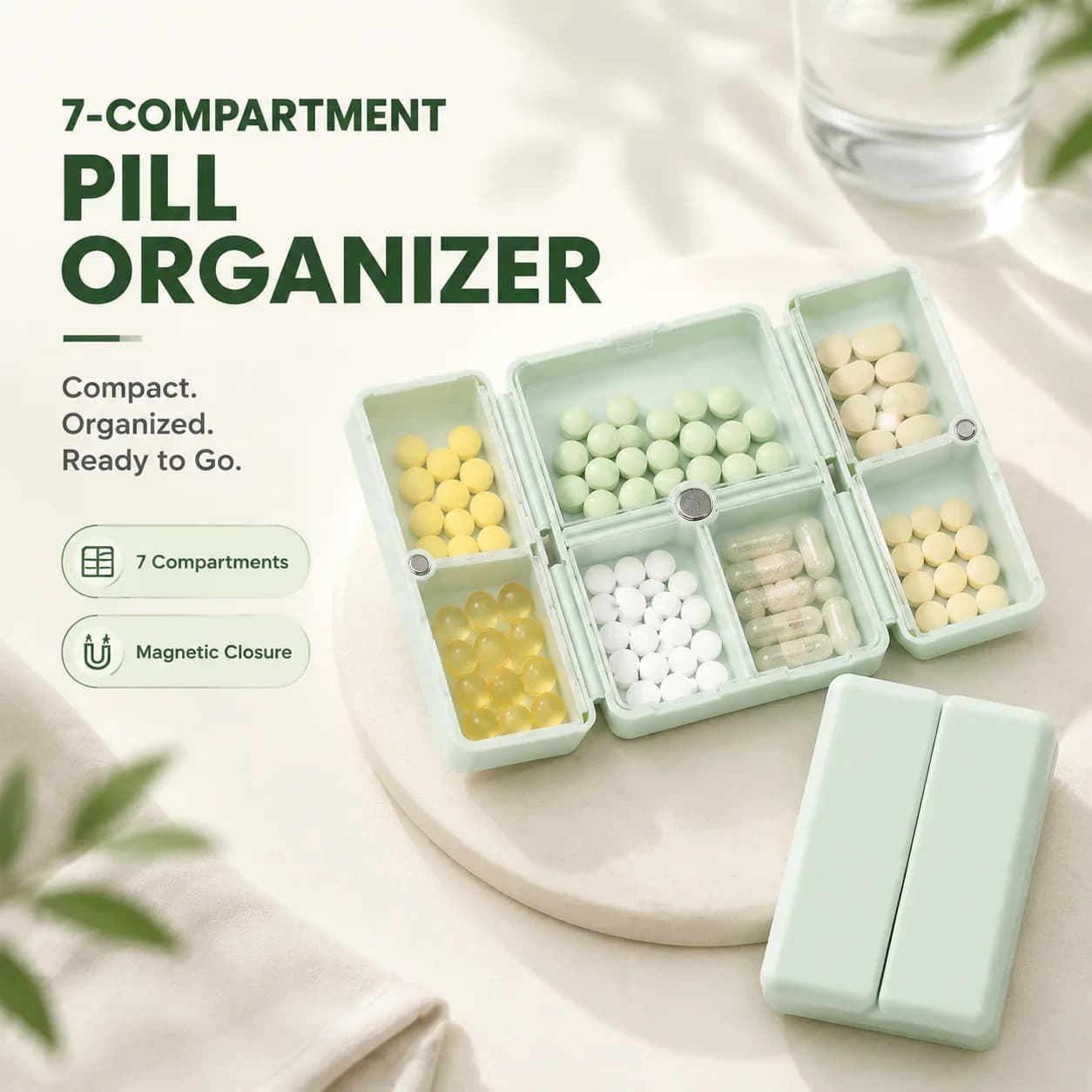 7 Compartment Pill Organizer Magnetic Closure Foldable Travel Pill Box Vitamin Supplement Storage Case Portable Medicine Organiz