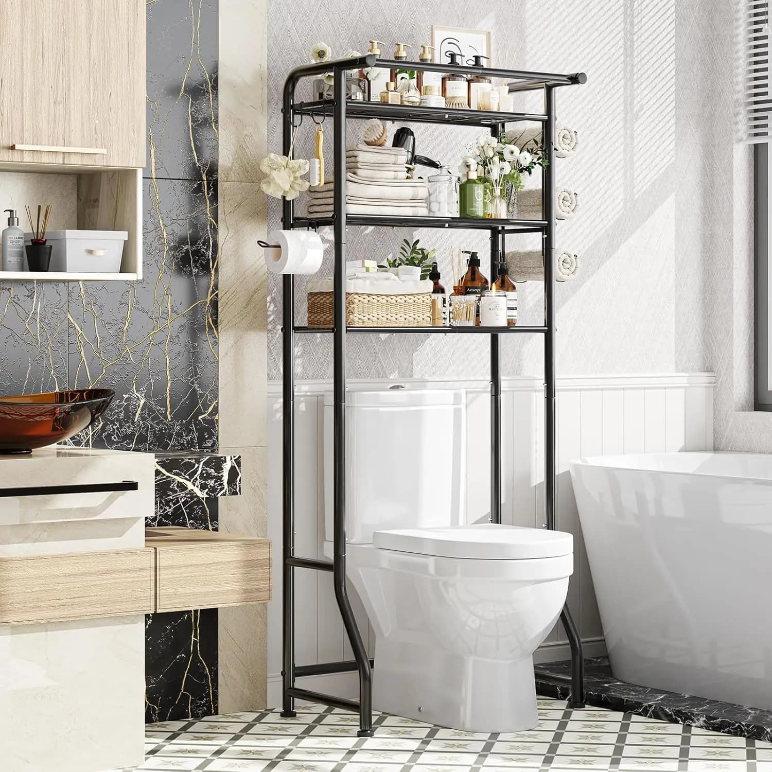 Scaffale Organizzatore Bagno a 3 Livelli in Metallo Nero con Portarotolo e Ganci, Mobiletto Salvaspazio Sopra il WC Semplice e di Tendenza
