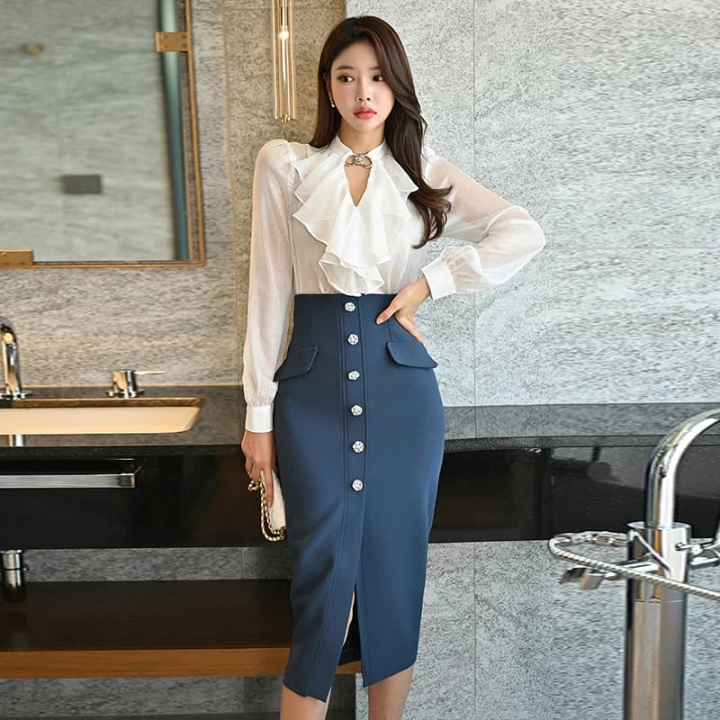 Spring 2023 Korean Style High Waist Asymmetrical Hem Blouse And Skirt Set Women's Fashion Ensemble Floral Print Office Wear