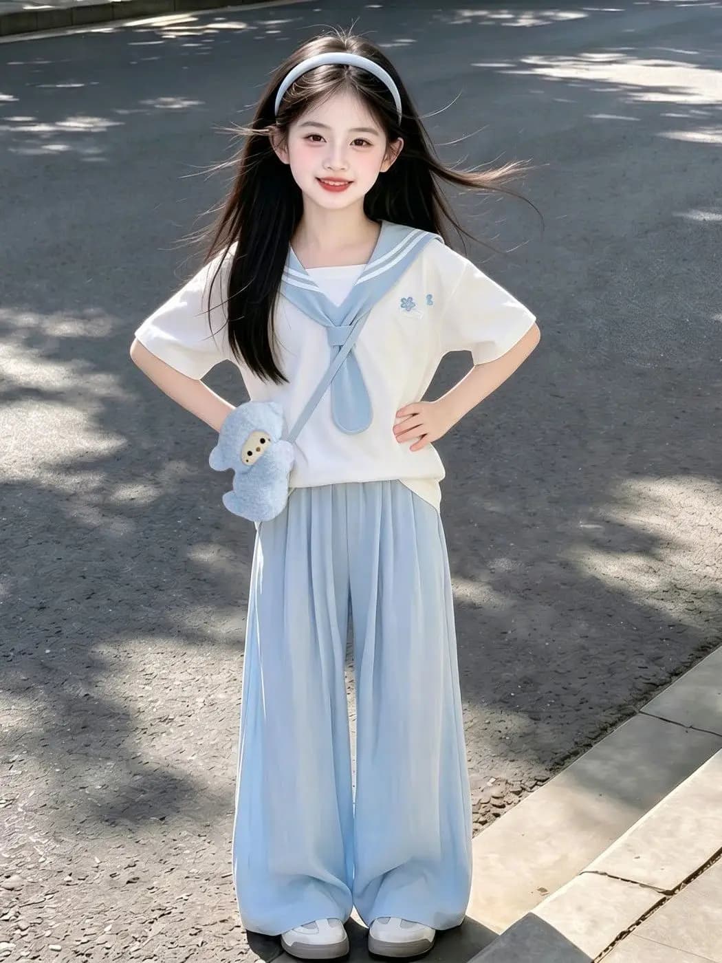 Girls Summer 2026 Casual Navy Collar Short Sleeve Sportswear Set Two Pieces Trendy Cotton Breathable High Waist T-Shirt Pants