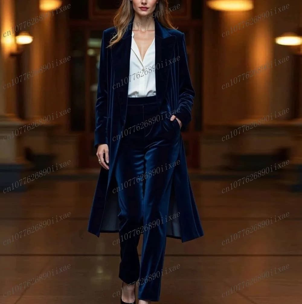 Completo Donna in Velluto Blu Navy, Nuovo Set Formale da 2 Pezzi per Ufficio, Cerimonie e Matrimoni, Giacca e Pantalone
