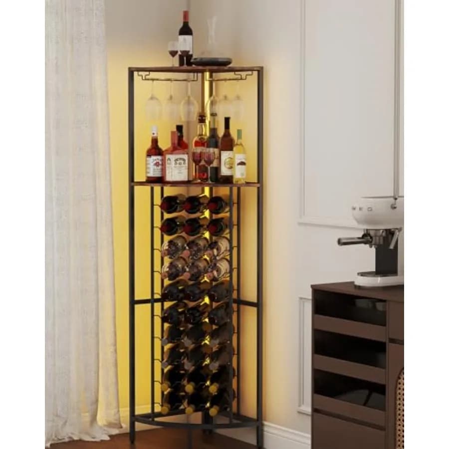 Mobiletto Angolare per Vini da 30 Bottiglie con Luce LED, Cantinetta Bar per Casa con Porta Calici, Cantinetta Angolare Autoportante