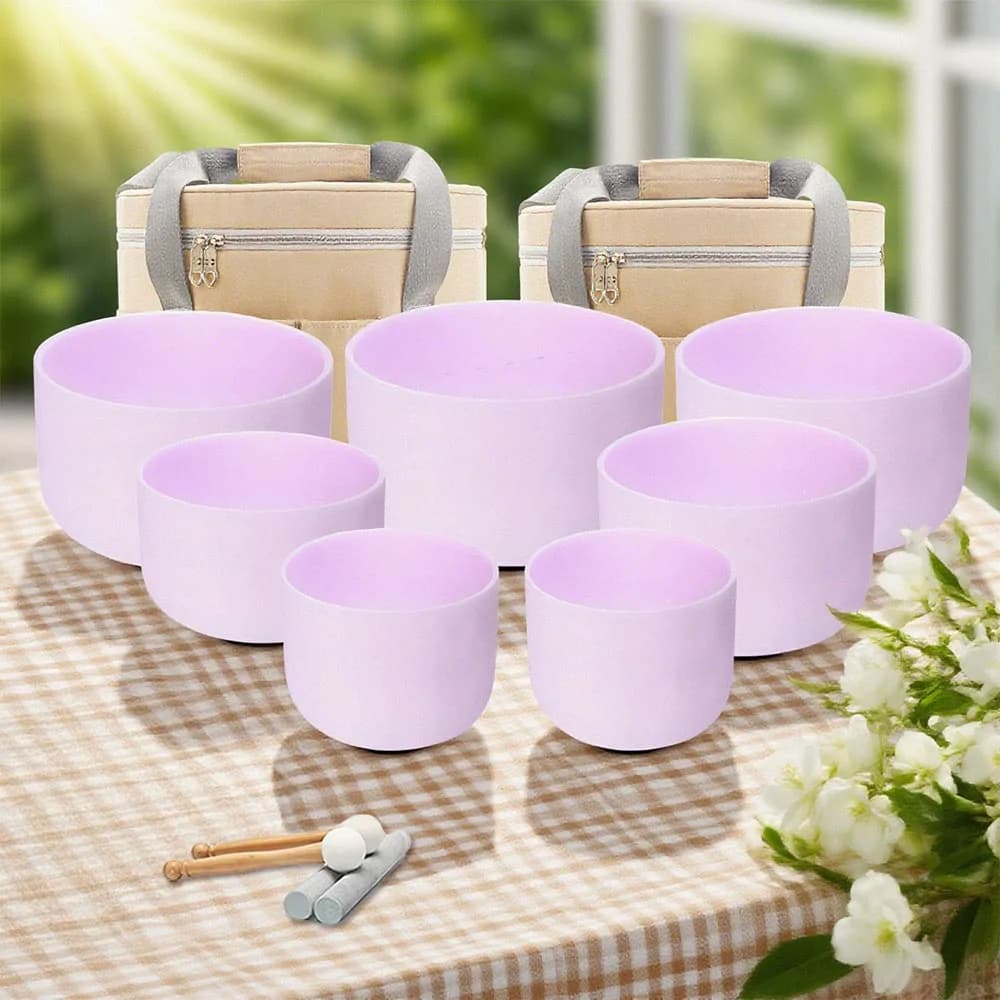 Hye-eun 7pcs Manual Frosted Rose Crystal Singing Bowl Set 7-12INCH Quartz Chakra Bowls for Sound Healing with Bag