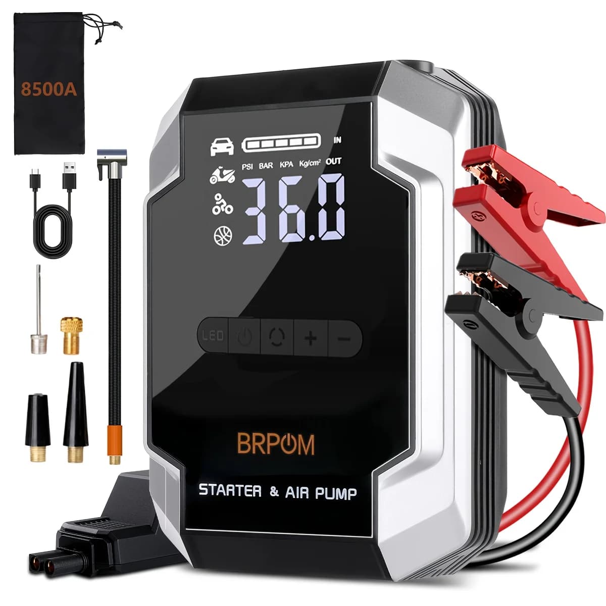 Avviatore di Emergenza per Auto BRPOM 8500A/12000A (Benzina/Diesel 2.64gal), Batteria Portatile per Avviamento Auto con Estensore