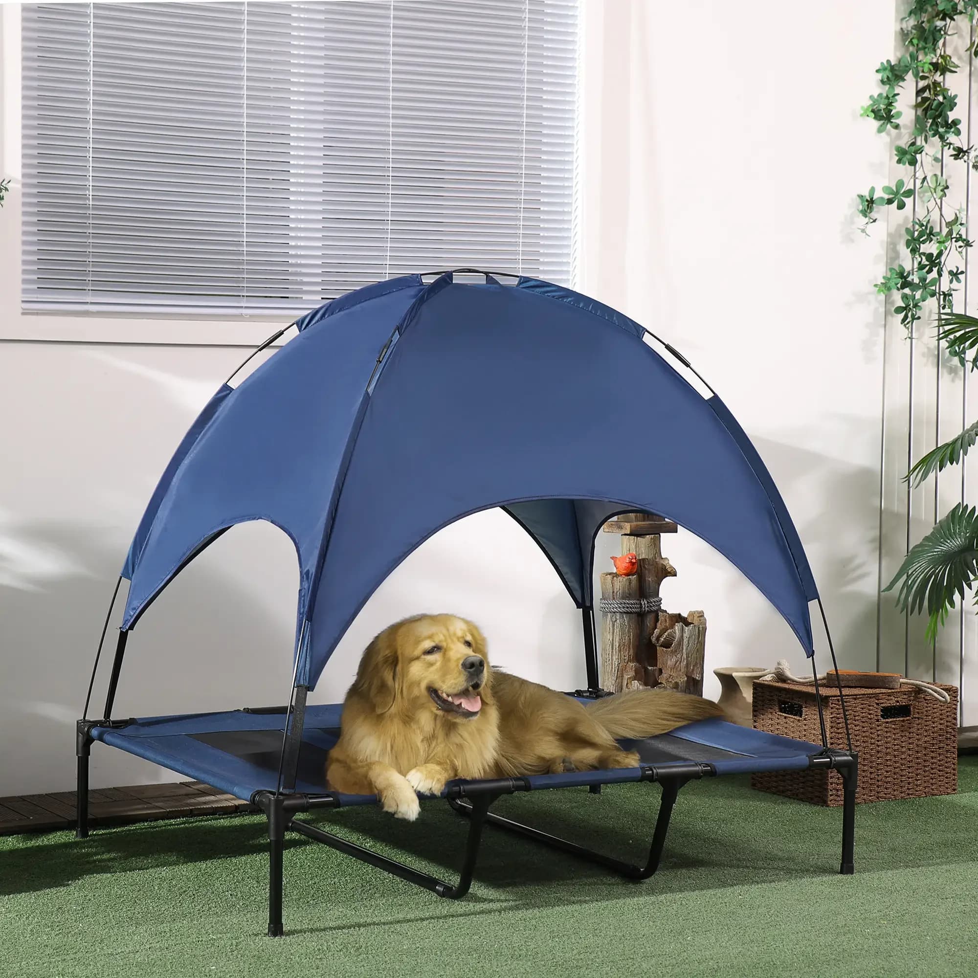 Cuccia rinfrescante rialzata per cani con tettoia - Struttura leggera in acciaio, cuccia portatile pieghevole per animali domestici con borsa da viaggio