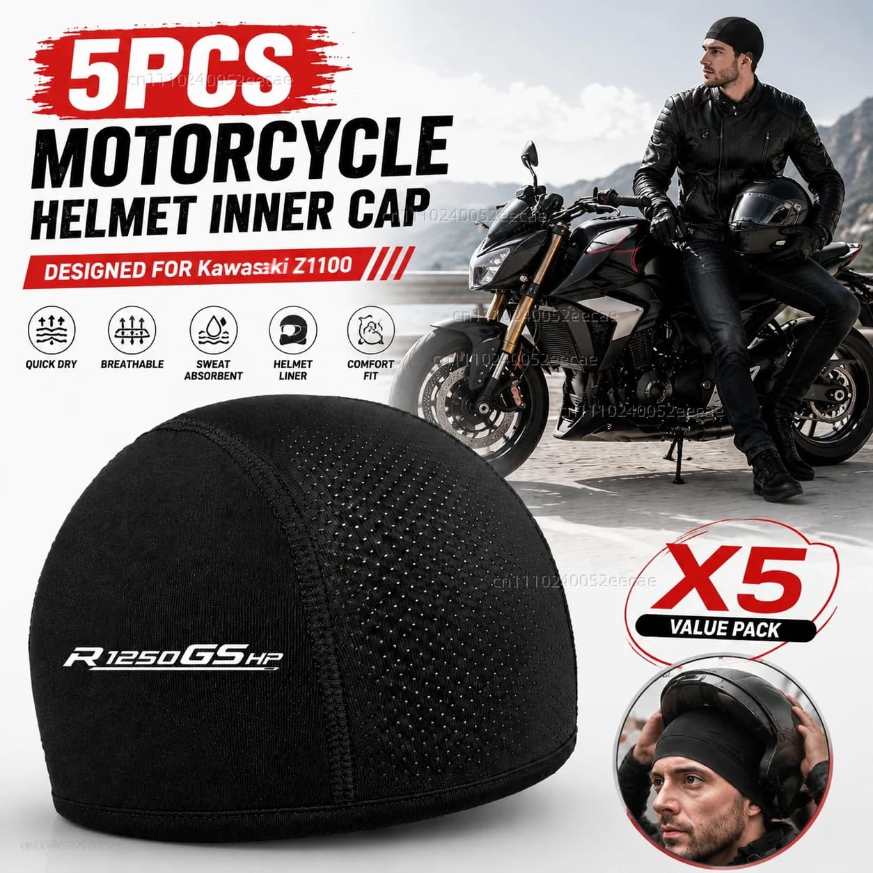 5pcs Motorcycle Helmet Inner Cap Hat Quick Dry Breathable Hat Racing Cap Skull Cap Cooling Thin Soft For BMW R1250GSHP 2019-2026