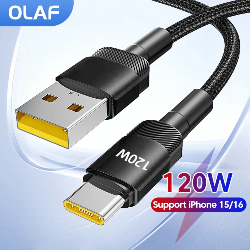 Olaf USB Type C Cable 120W Fast Charging USB C Cable For iPhone16 15 Xiaomi Huawei P30 P40 Sumsung POCO Realme Oneplus Data Wire
