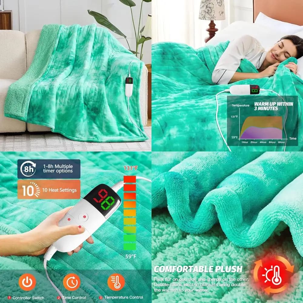 Coperta elettrica Sherpa in pelliccia sintetica con timer a 5 posizioni, 10 livelli di riscaldamento, 62x84 Aqua per un'inverno accogliente