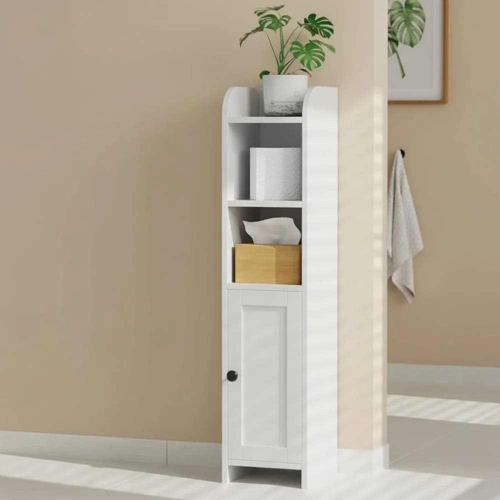 Mobiletto da bagno angolare compatto con ripiani e porta carta igienica, spazio salvaspazio per piccoli bagni, bianco