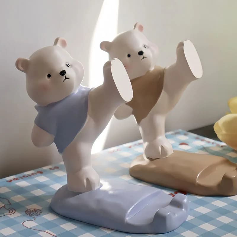 Cute Kick Bear Phone Holder Resin Figurine Creative Desktop Stand Door Stopper Ornament for Smartphone Home Office Decor Gift