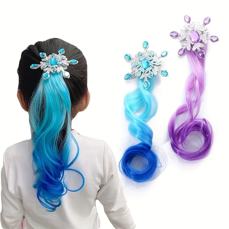 Fermagli per capelli colorati per bambini - Tema Regina delle Nevi - Parrucca lunga riccia sfumata con trecce colorate per ragazze