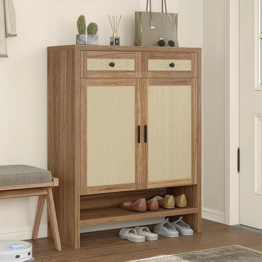 Scarpiera in Rattan da 46 Pollici con 4 Ripiani Regolabili e 2 Cassetti Contenitori, Organizer per Scarpe Moderno Stile Boho con Ampio Ripiano Superiore e Ripiano Inferiore Aperto, Mobiletto da Ingresso/Corridoio per Scarpe e Stivali, Noce