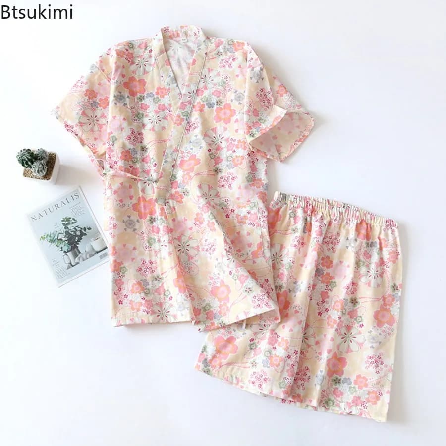 Nuovo Completo Pigiama Estivo da Donna 2026 in Garza di Cotone 100% Stile Fresco, Set Due Pezzi con Pantaloncini e Maniche Corte, Pigiama Casual da Donna