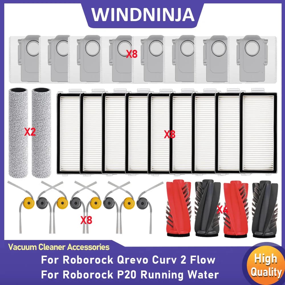 Spazzola Principale, Spazzola Laterale, Filtro HEPA, Rullo, Mop, Sacchetto Raccoglipolvere per Robot Aspirapolvere Roborock Qrevo Curv 2 Flow/P20 Running Water - Accessori e Ricambi